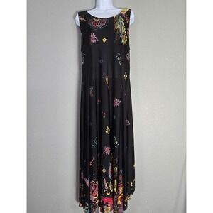 Ice Silk Dress Womens XXL Black Paisley Maxi Sleeveless Scoop Neck Boho Stretch